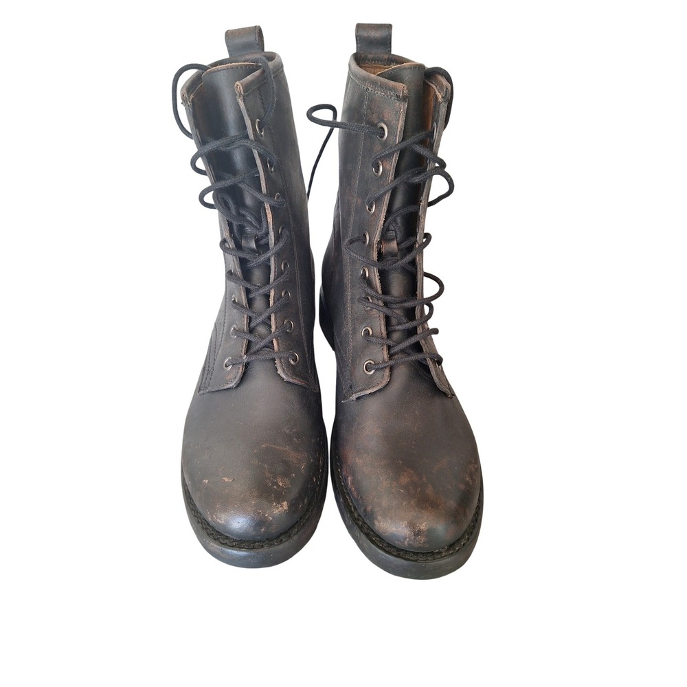 Frye Sabrina 6G Lace Up Black Distressed Leather Combat Boots 9.5 B